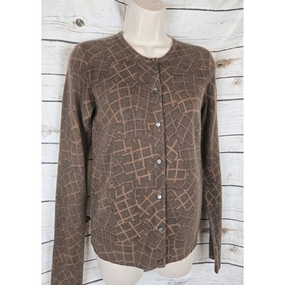 TSE Animal Geo Print 100% Cashmere Sweater Cardigan XS Brown Womens Button Front - Picture 2 of 9